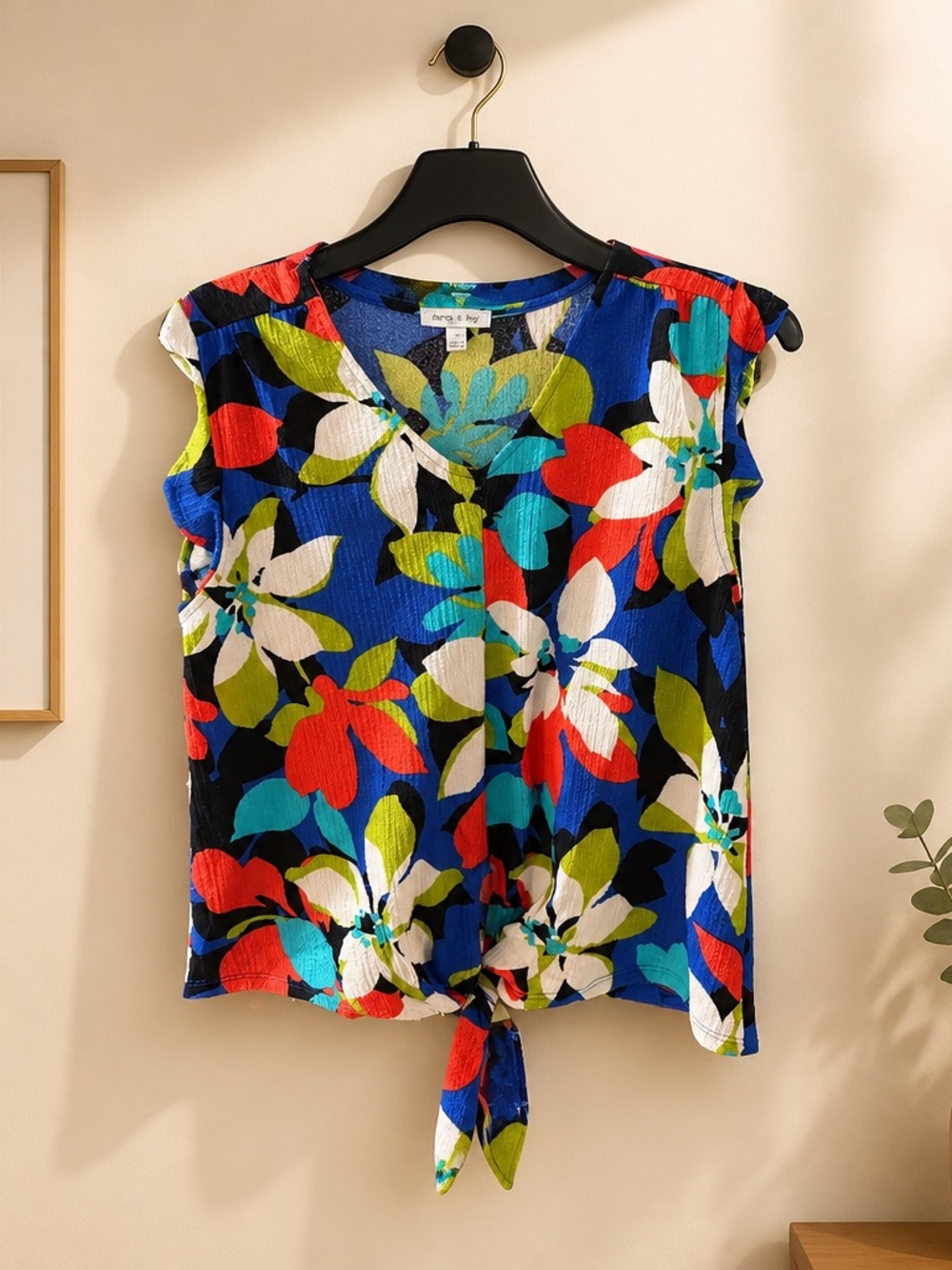 Floral Tie-Front Cap Sleeve Blouse - Blue Multi